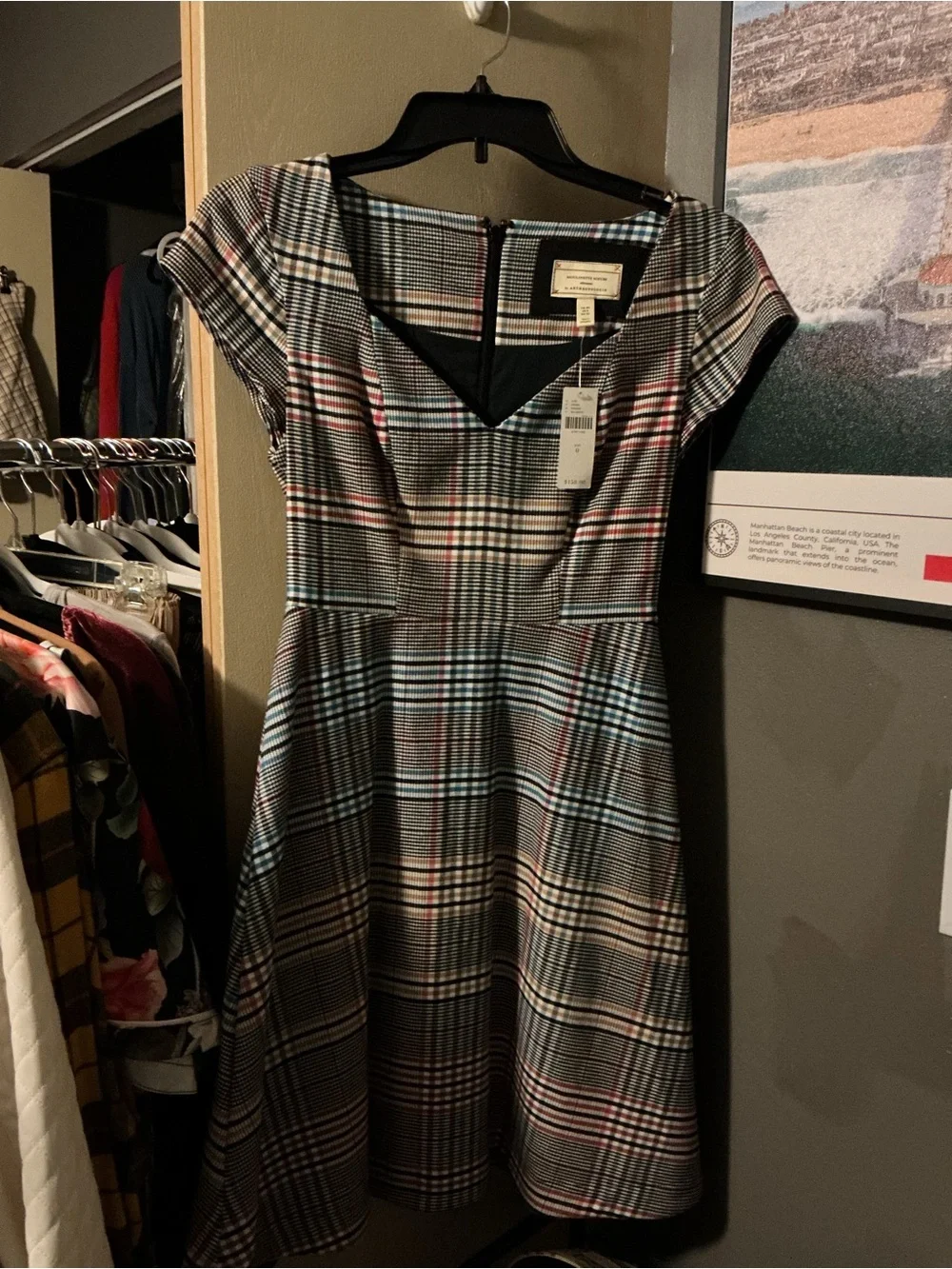 Anthropologie Plaid Fit-and-Flare Mini Dress — Gray, Pink, Black